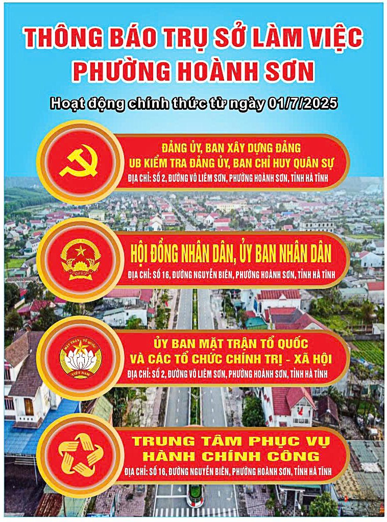 THÔNG BÁO TRỤ SỞ CÁC CƠ QUAN PHƯỜNG HOÀNH SƠN, TỈNH HÀ TĨNH CHÍNH THỨC HOẠT ĐỘNG TỪ NGÀY 01/7/2025🌷🌷🌷